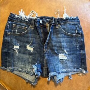 Insane Gene Boutique Denim Distressed Frayed Hem Women's Shorts - Dark Blue Med